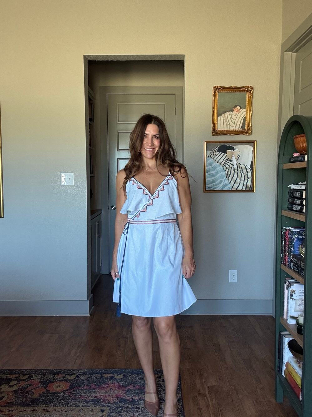 THML Striped Embroidered Ruffle Wrap Dress Blue White L Boho